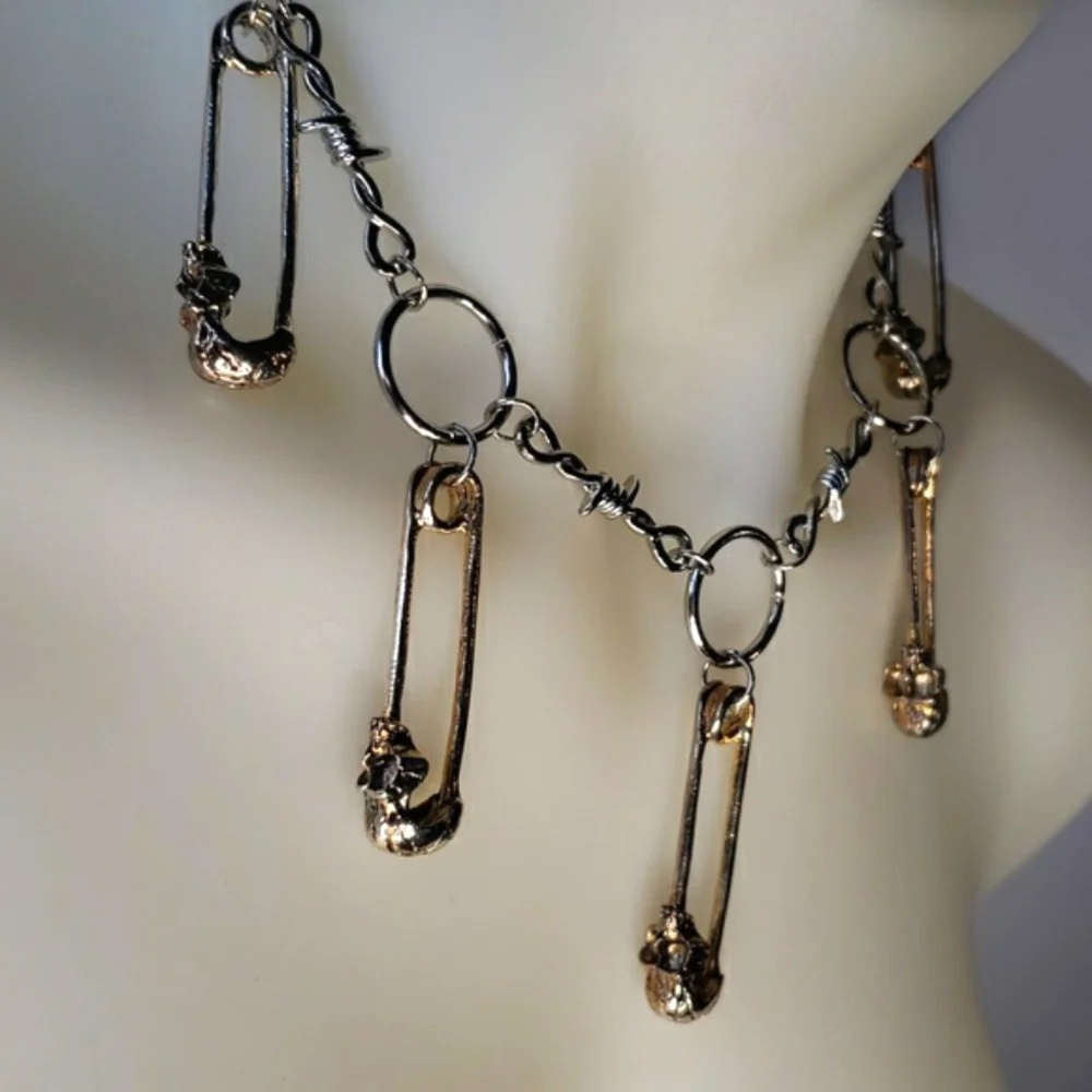 Silver gold skull punk goth emo safety pin choker necklace - Picture 2 of 10
